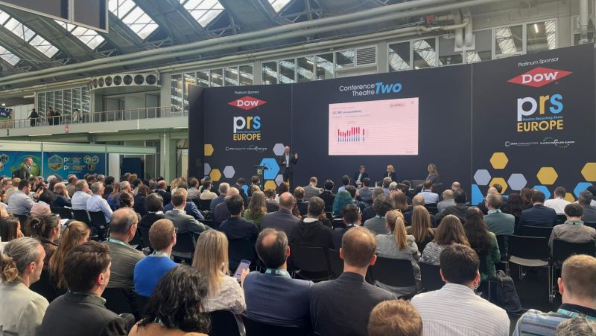 Conference audience watching a plastics recycling presentation at PRS Europe