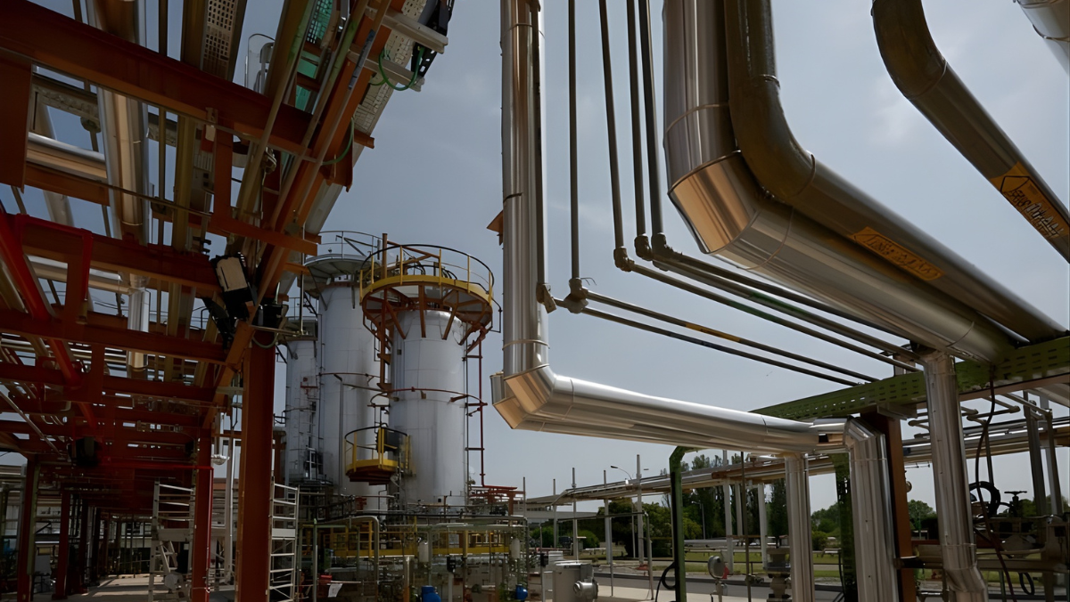 Chemical plant with steel pipelines and reactors illustrating advanced recycling operations