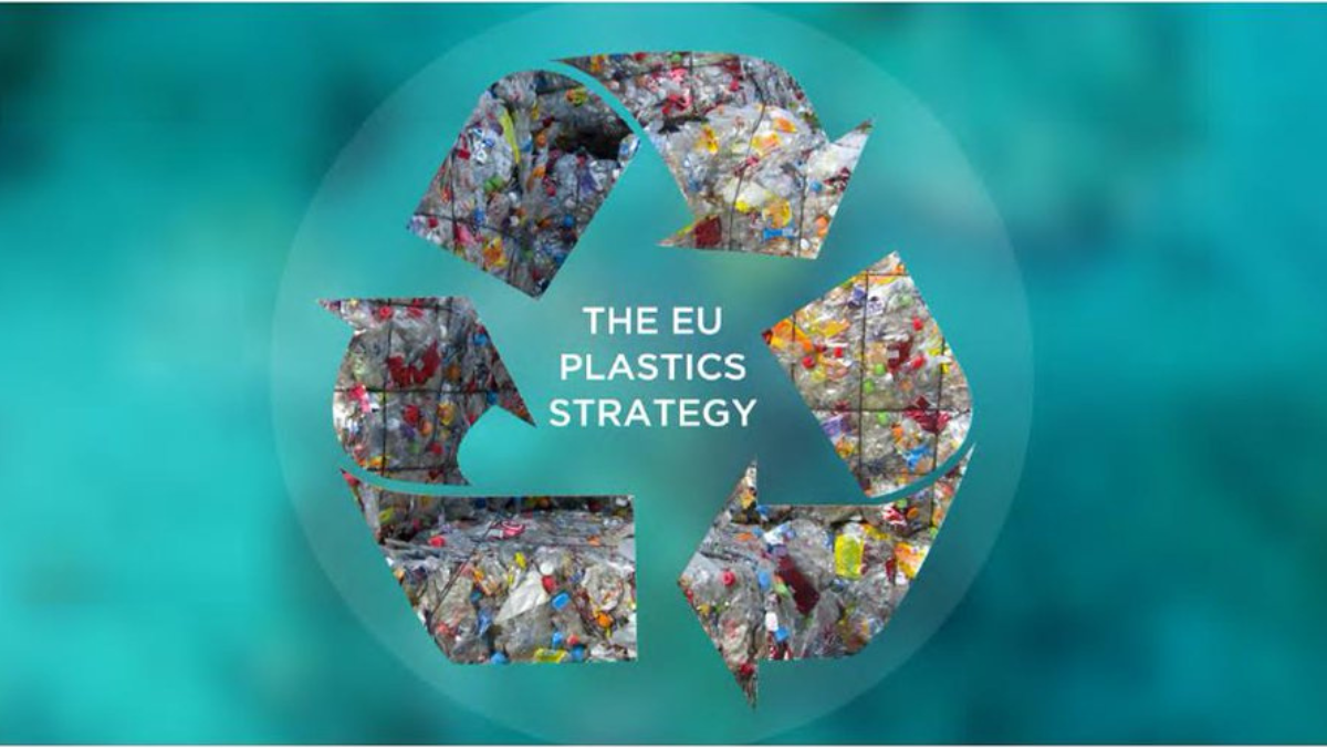 Recycling symbol filled with plastic waste illustrating the EU plastics strategy