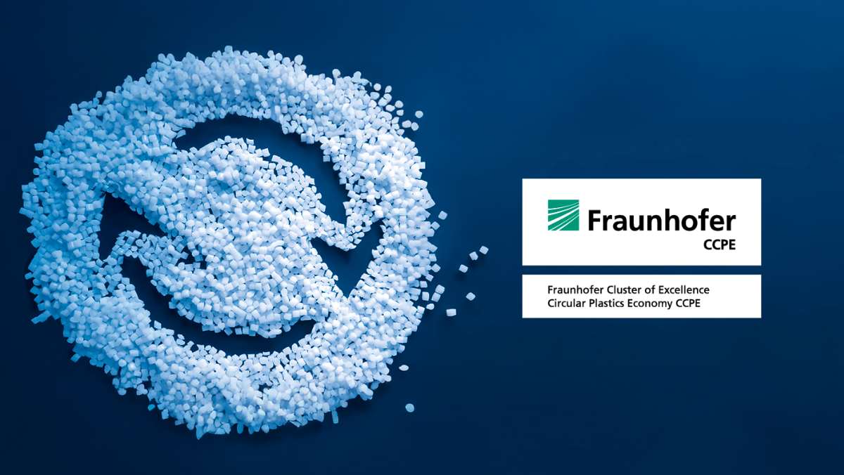 Circular symbol formed from plastic pellets beside Fraunhofer CCPE logo