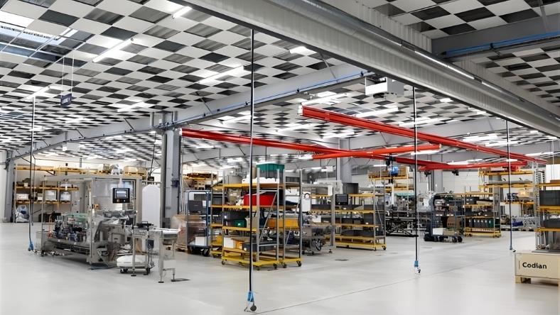 Interior of a modern packaging machinery facility with integrated production lines  