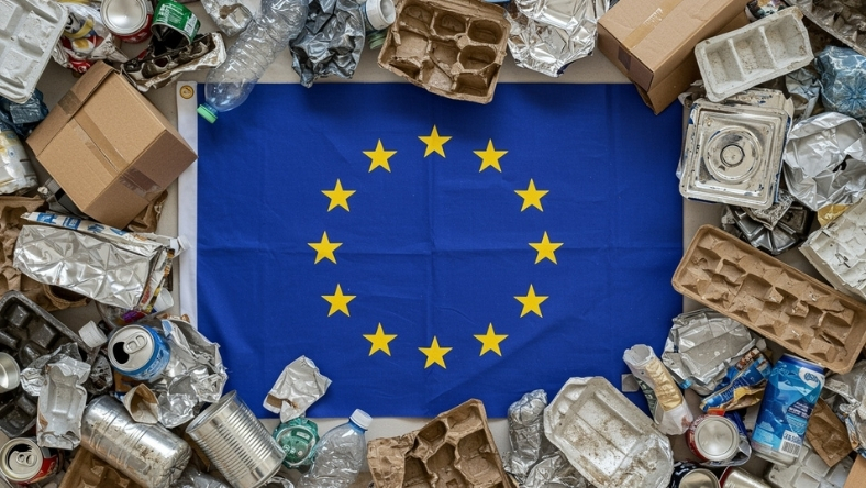 European Union flag surrounded by plastic and packaging waste