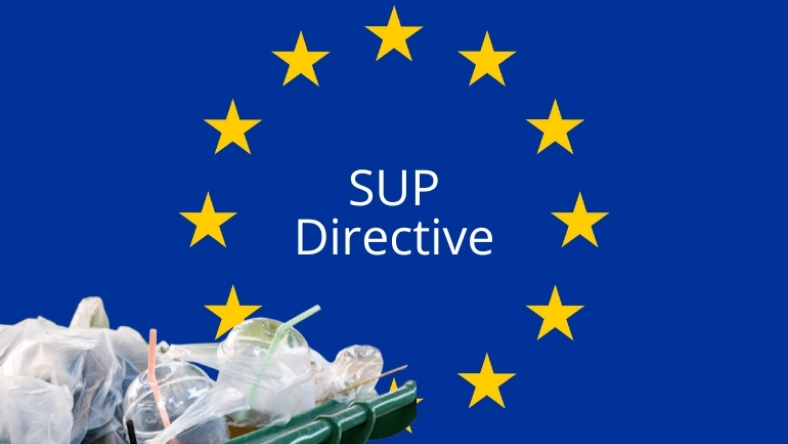 EU flag with Single-Use Plastics Directive text and plastic waste