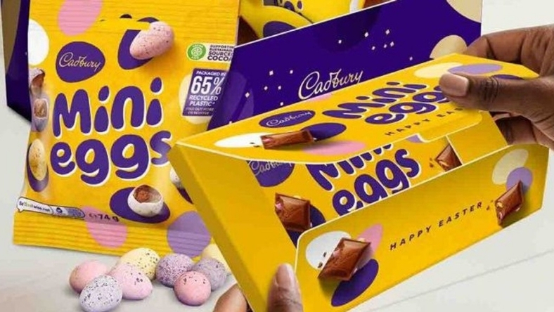 Cadbury Mini Eggs Easter packaging with 65% recycled plastic label